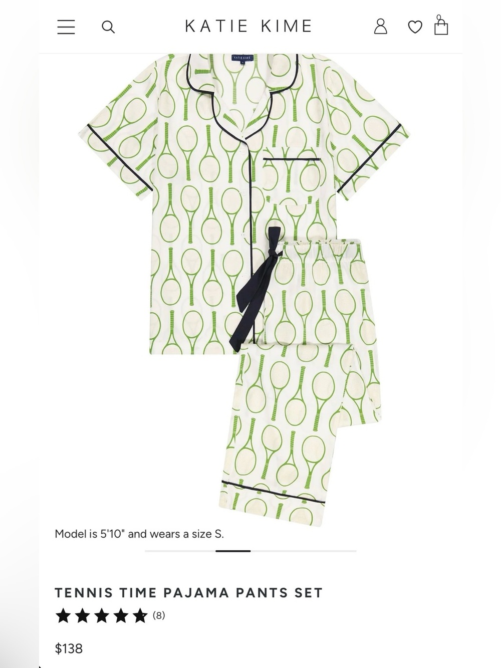 Katie Kime White Pajama Set with Green Tennis Racket Print - Picture 2 of 2